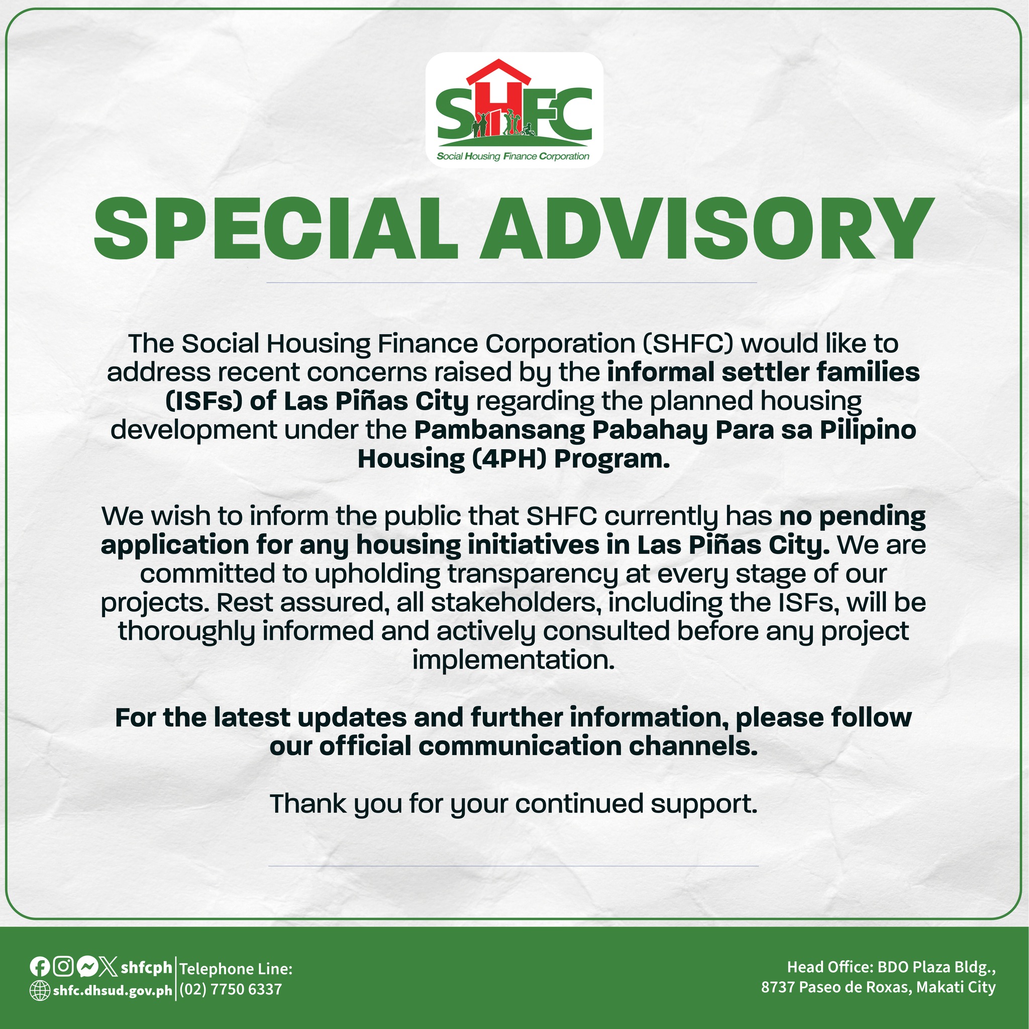 SPECIAL ADVISORY | SHFC HAS NO PENDING 4PH PROJECT APPLICATION IN THE CITY OF LAS PIÑAS